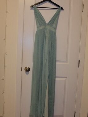Sheer V-Neck Wide Leg Maxi Dress in Mint Green